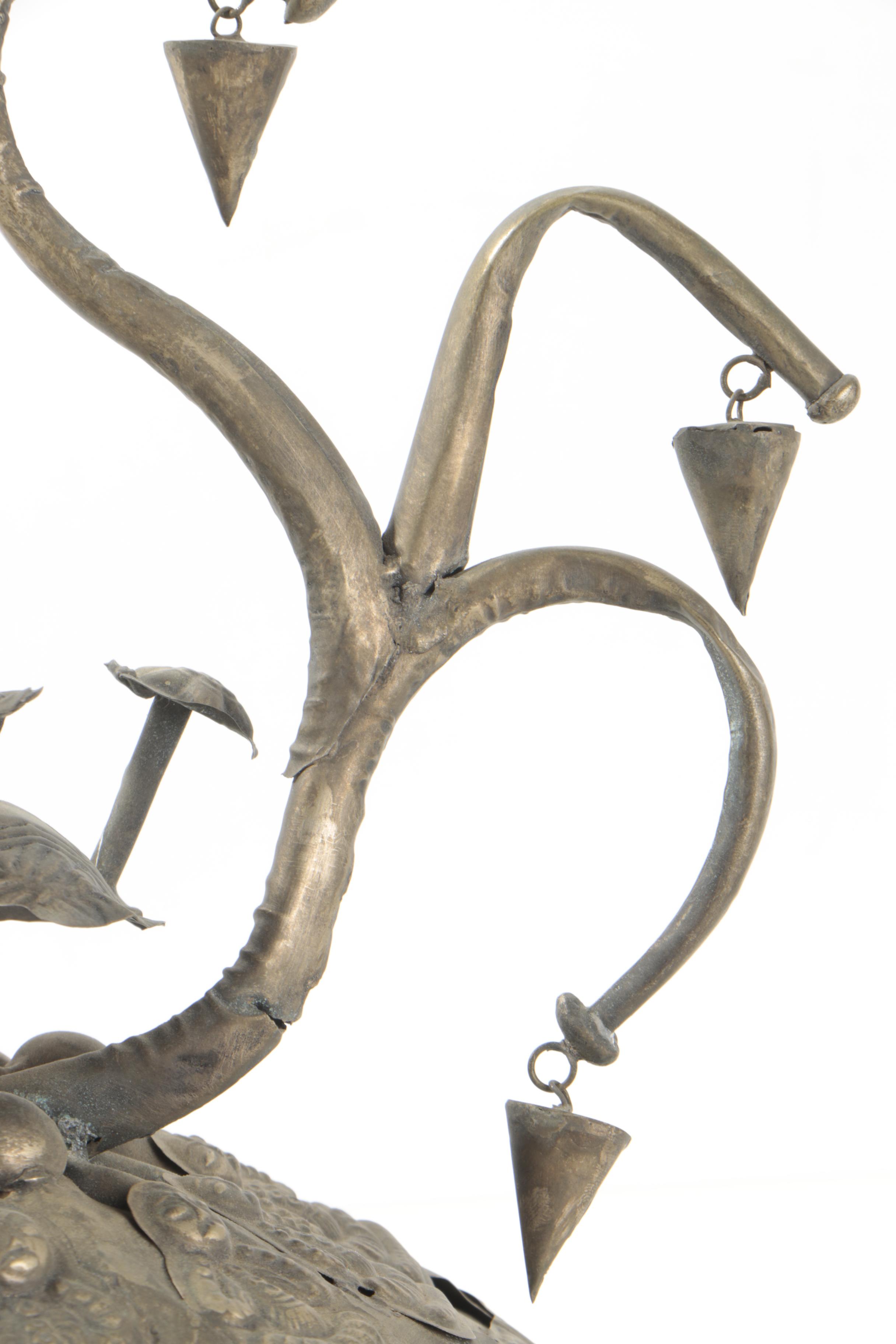 Chinese Miao-Style Silver Tone Metal Hat With Medallion and Charm Embellishments