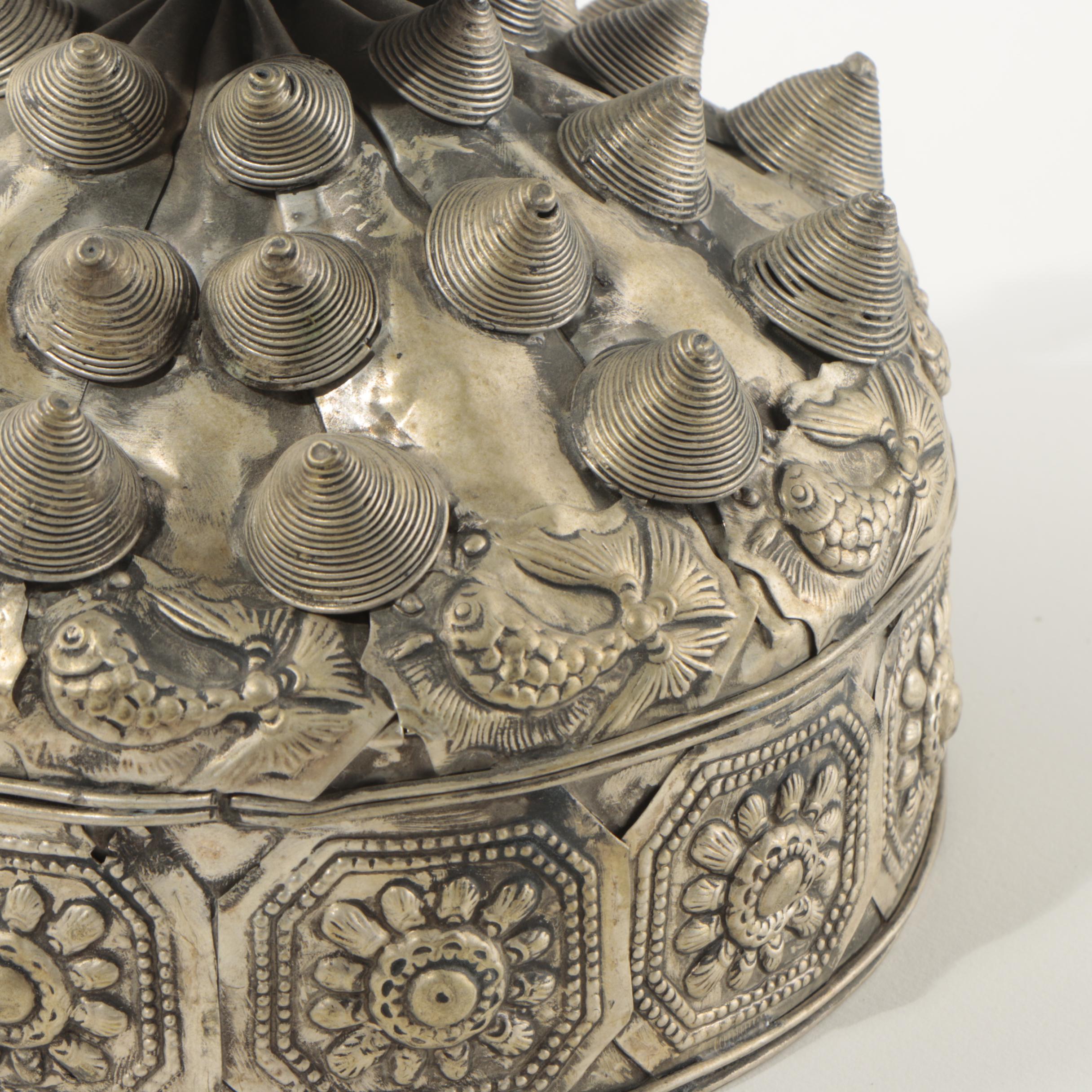 Chinese Miao-Style Silver Tone Metal Hat With Medallion Embellishments