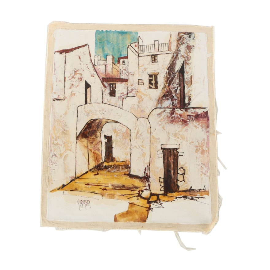 Asamadel Mixed Media Painting of Village with White Stucco Buildings