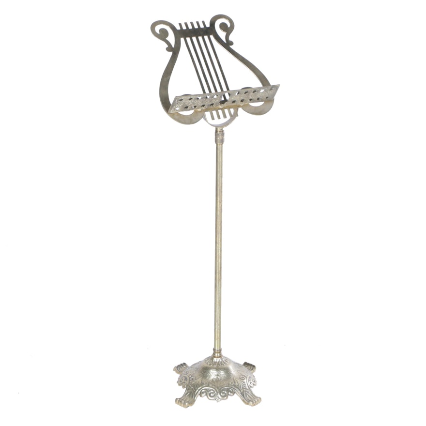 Ornate Brass Tone Lyre Harp Shaped Music Stand