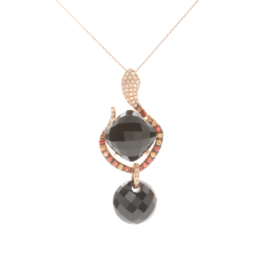 18K Rose Gold Onyx and Diamond Snake Pendant Necklace with Orange Sapphire