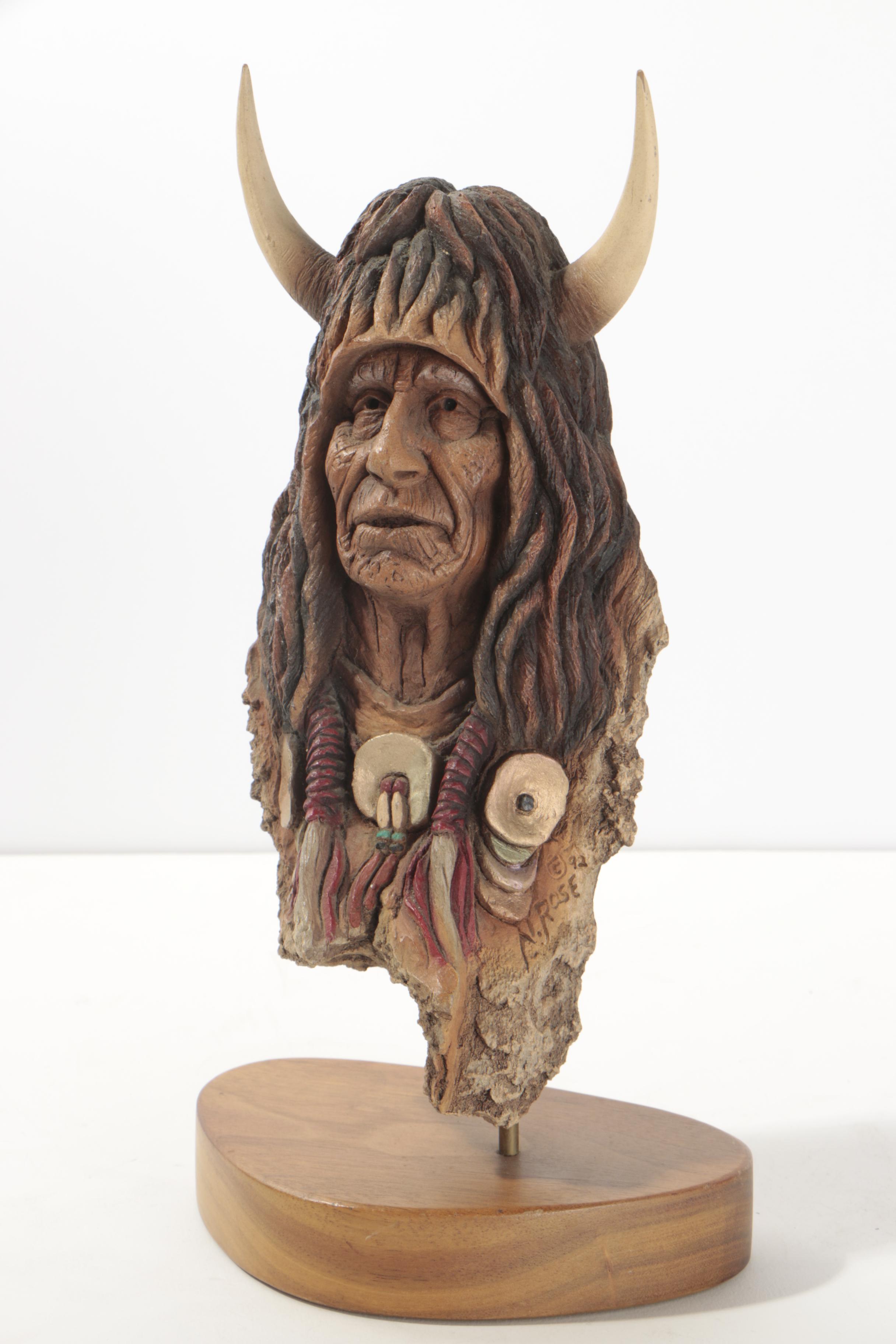 Neil J. Rose Wooden Sculptures "Running Bear" & "The Storyteller"