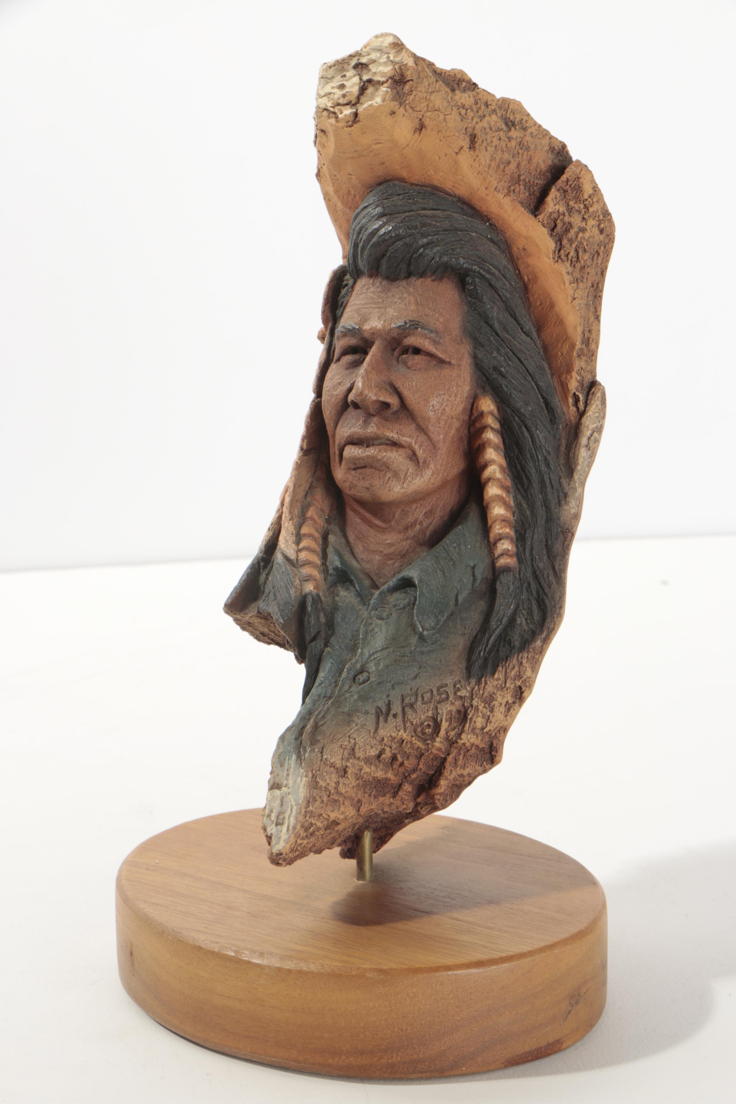 Neil J. Rose Wooden Sculptures "Running Bear" & "The Storyteller"