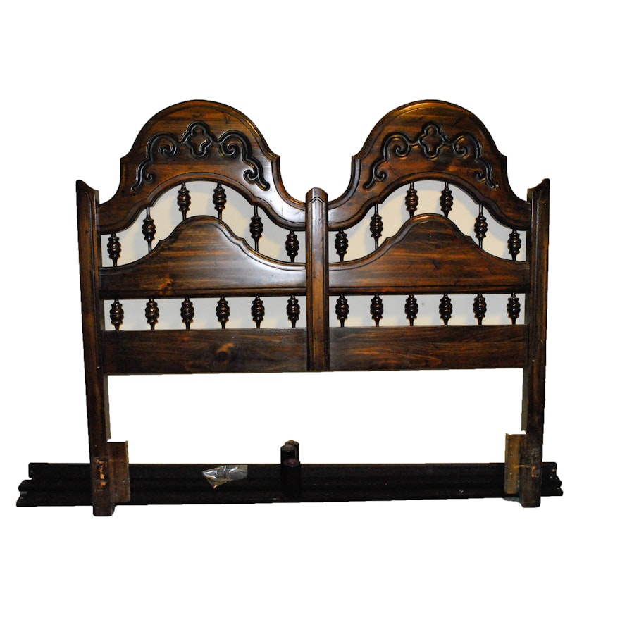 Mid-Century Mediterranean Style Pine Queen Size Bed Frame