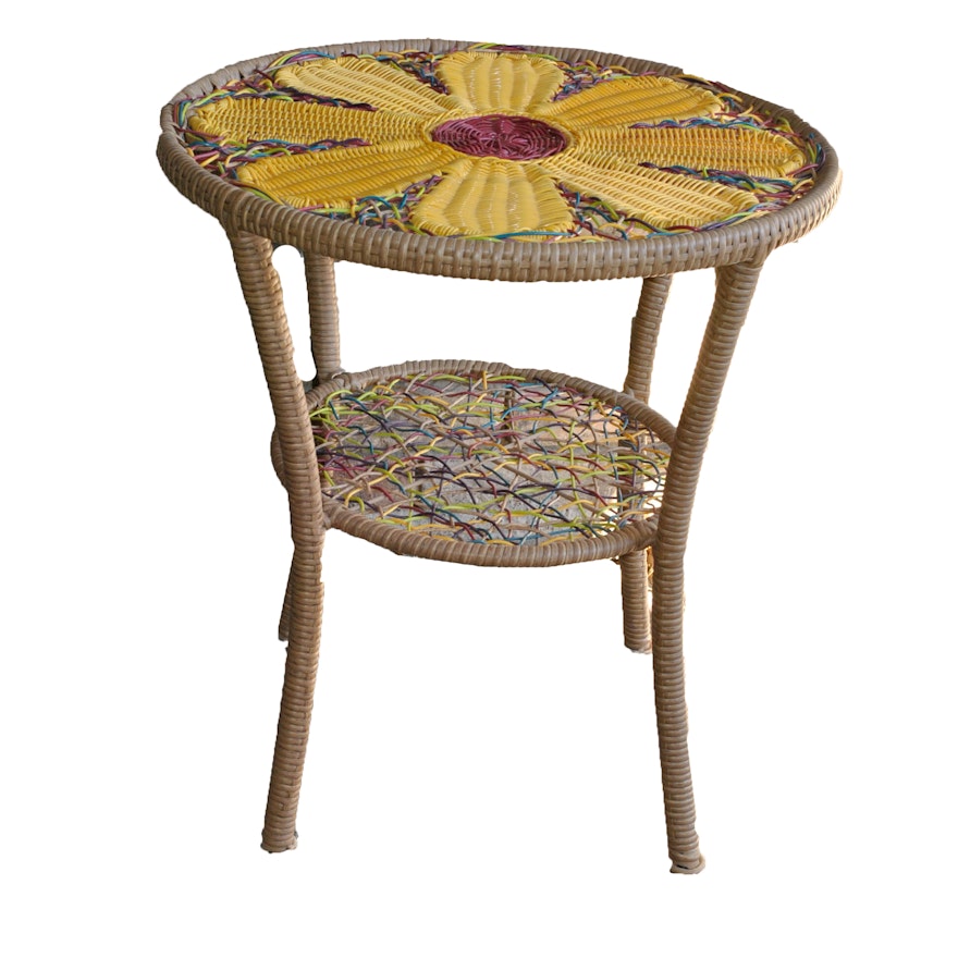 Bohemian Style Wicker Side Table with Yellow Daisy Motif