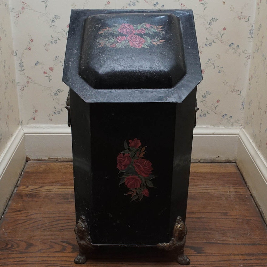 Vintage Hand-Painted Tin and Brass Coal Scuttle