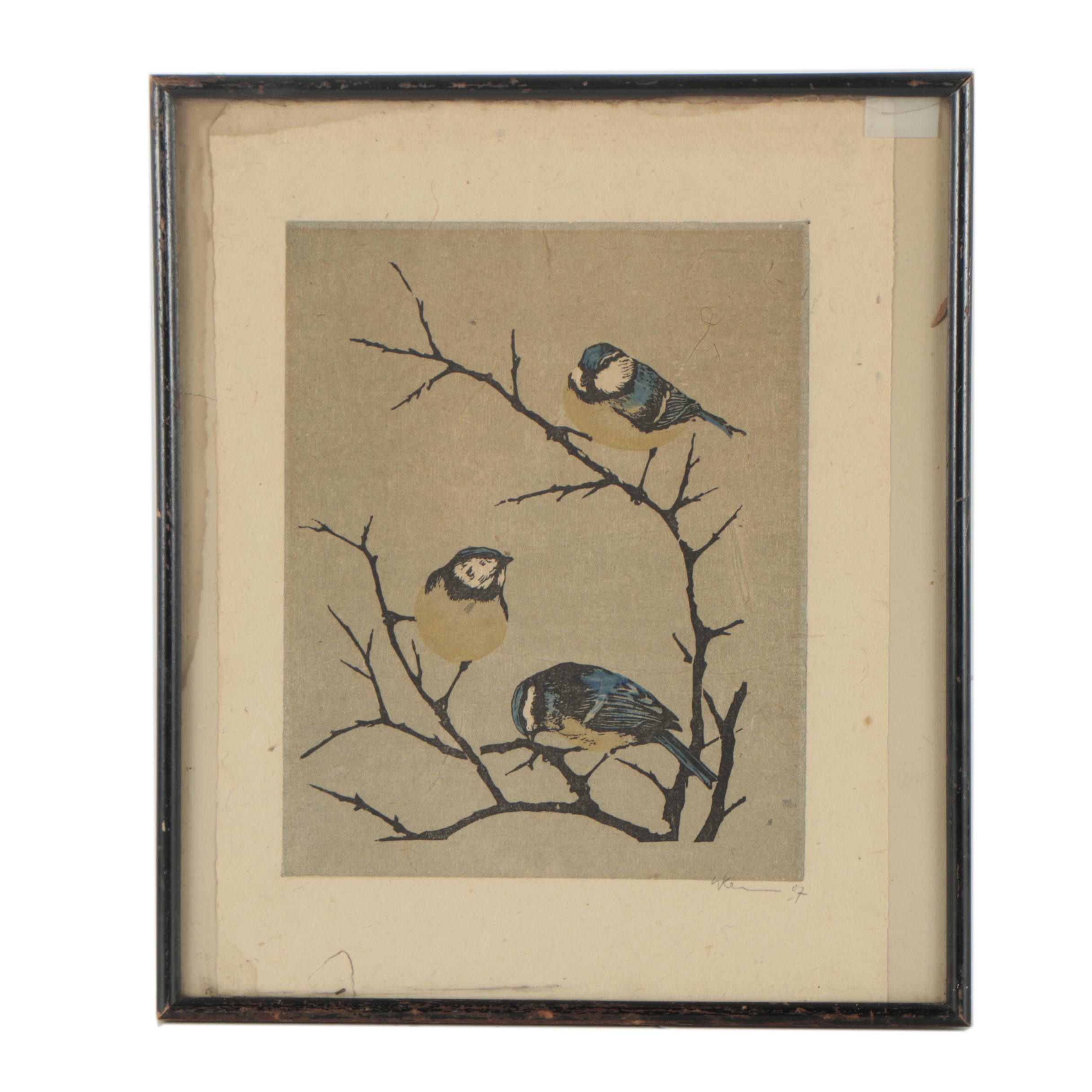 Hand-colored Woodblock Print of Birds