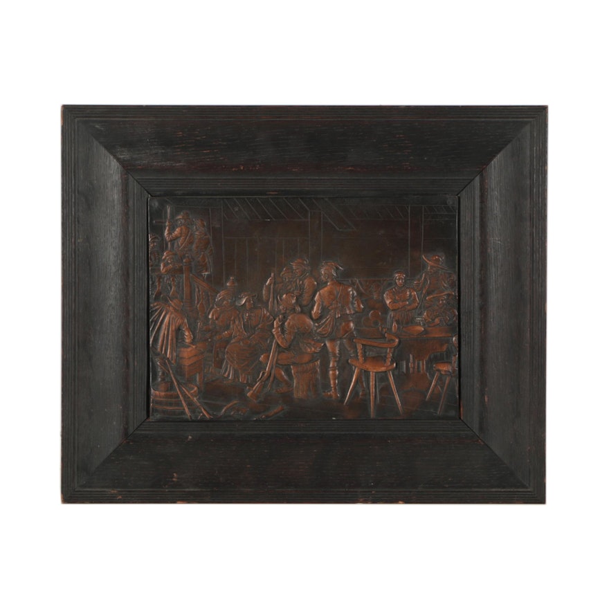 Vintage Bronze Plaque with Genre Scene in Relief