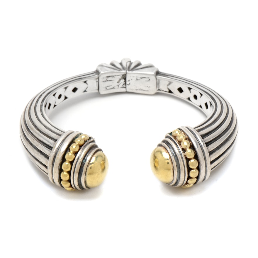 Caviar Sterling Silver and 18K Yellow Gold Cuff Bracelet