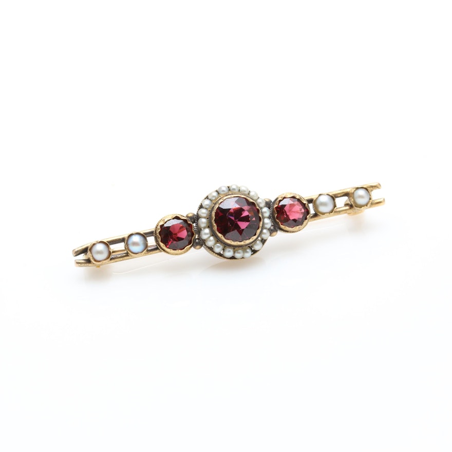 Early 1900s 10K Yellow Gold Garnet and Cultured Pearl Brooch