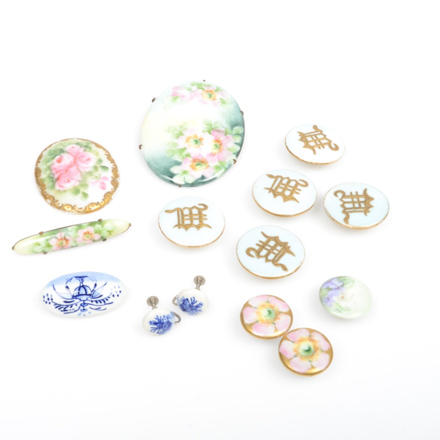 Antique Hand-Painted Porcelain Jewelry and Button Covers