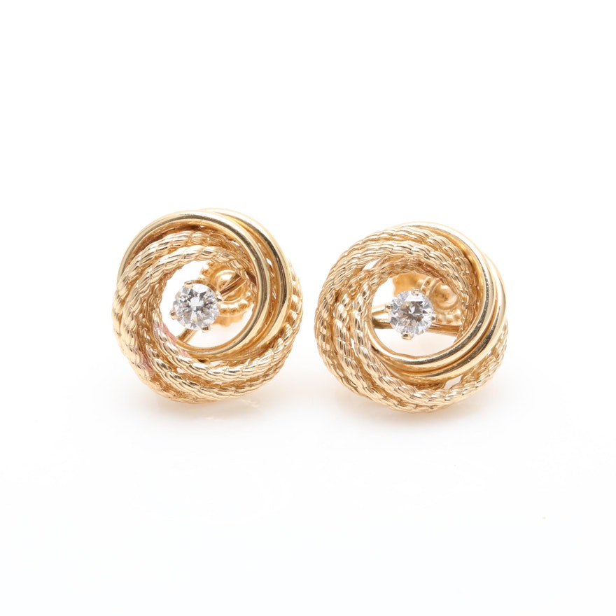 14K Yellow Gold Diamond Textured Love Knot Earrings