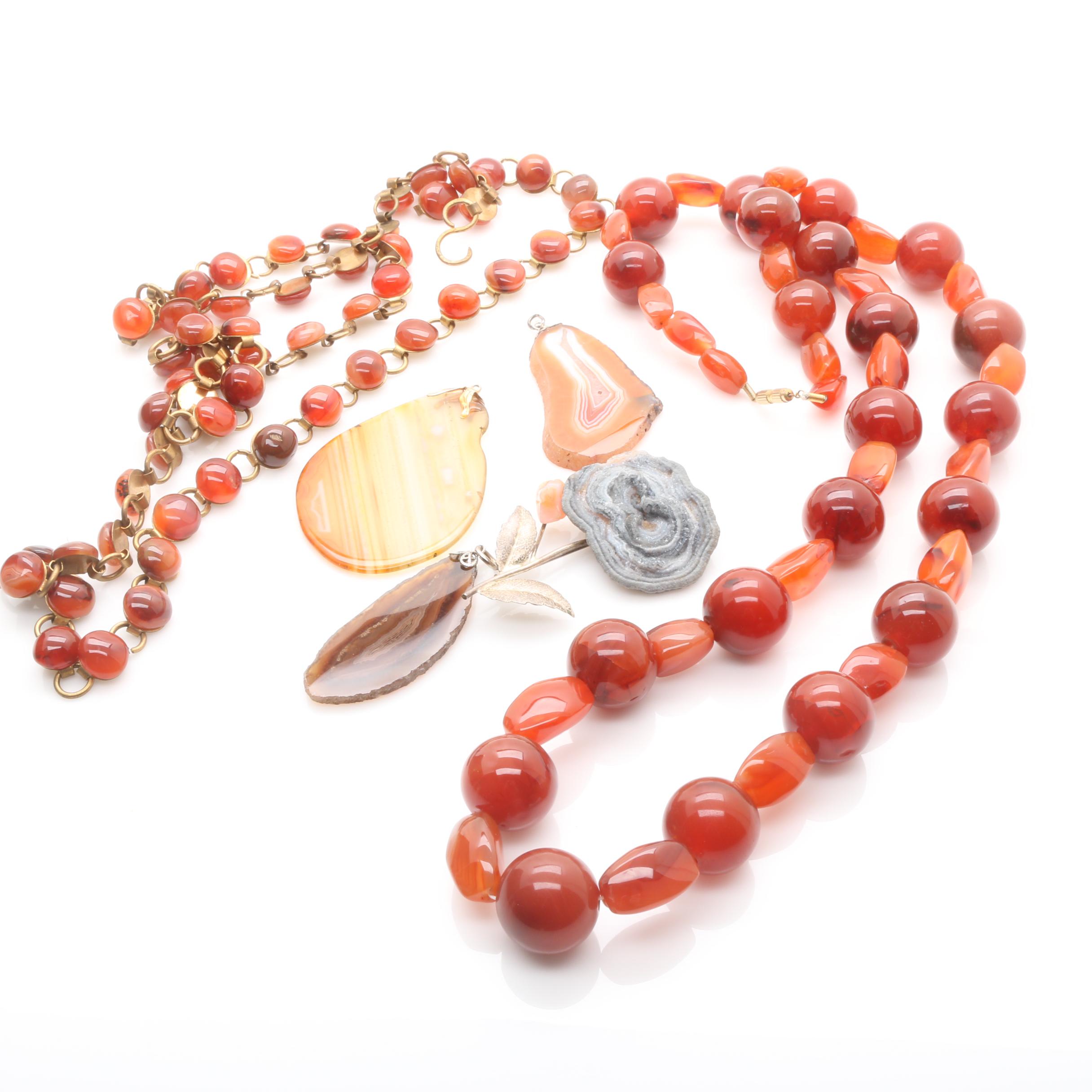 Agate and Druzy Pendants, Beaded Necklace and Belt