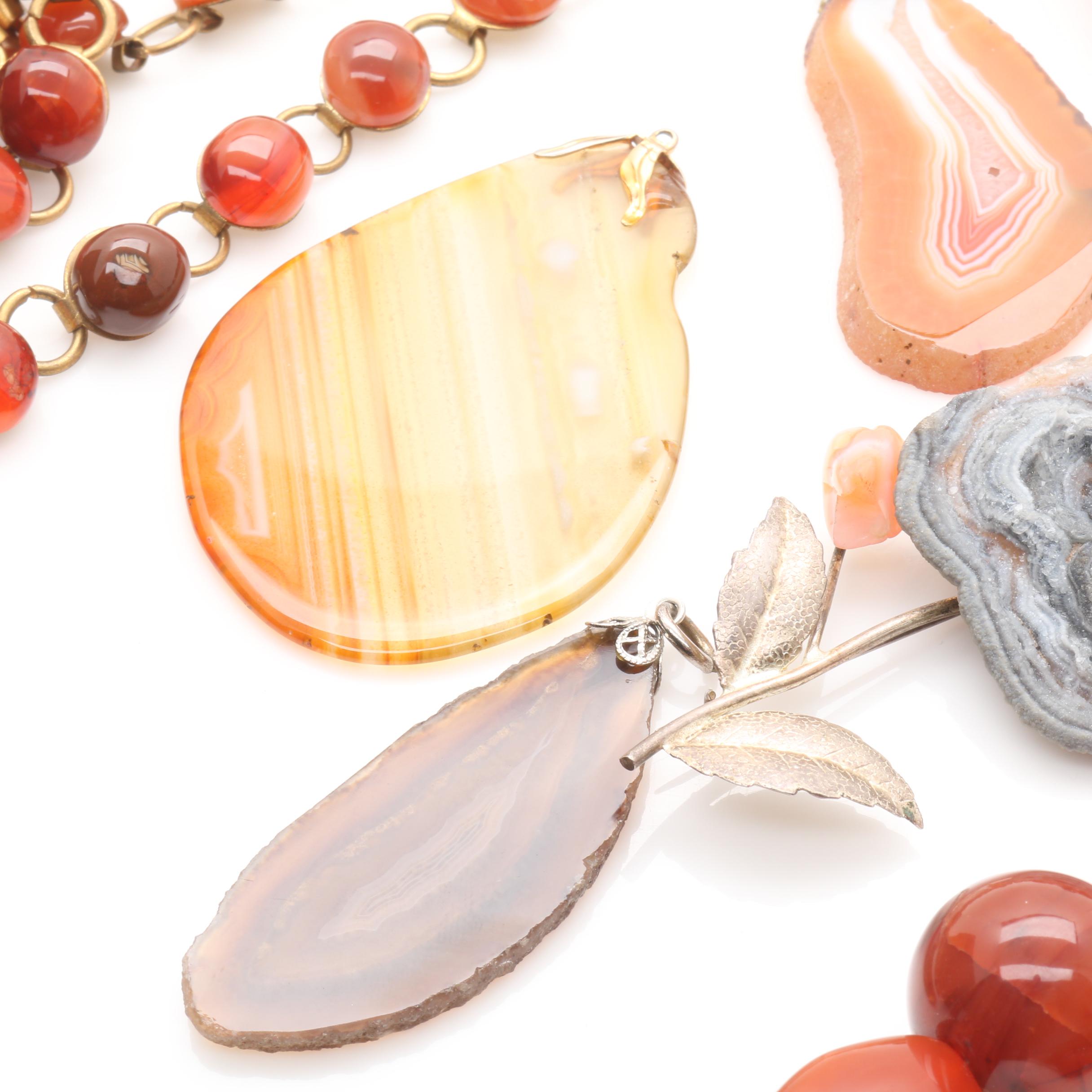 Agate and Druzy Pendants, Beaded Necklace and Belt