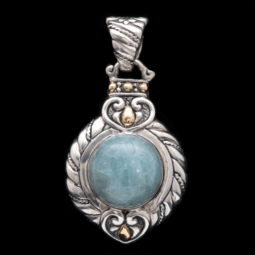 Sterling Silver, 18K Yellow Gold and Milky Aquamarine Pendant