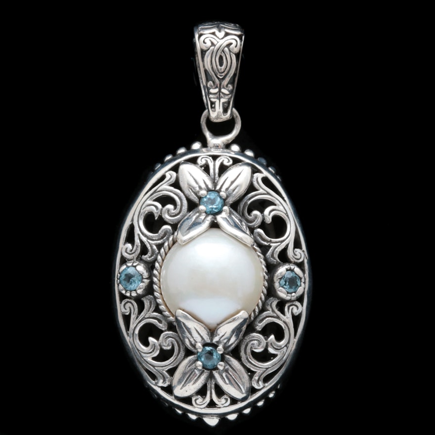 Sterling Silver, Mabé Pearl and Blue Topaz Pendant