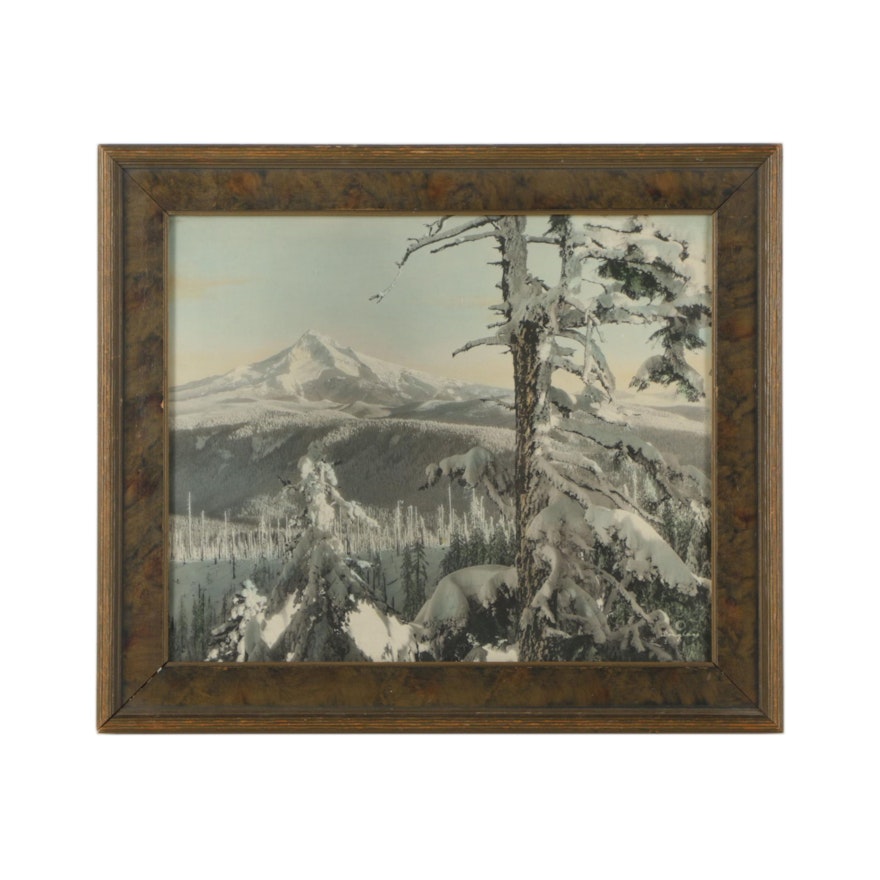 Mid Century Hand Colored Photograph After Douglass of Winter Landscape