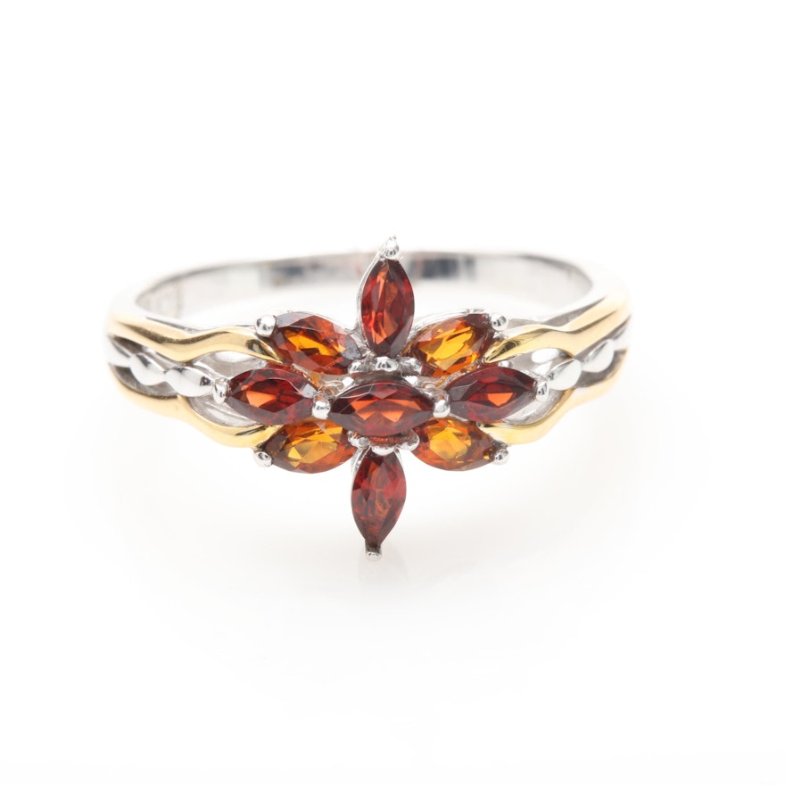 18K White Gold Garnet Floral Ring with Yellow Gold Accents