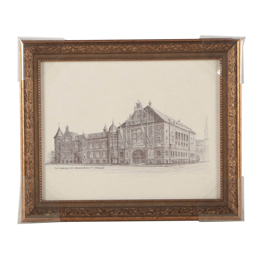 Lithograph Print After Ted Englehart Drawing "Das Deutsche Haus 1898"