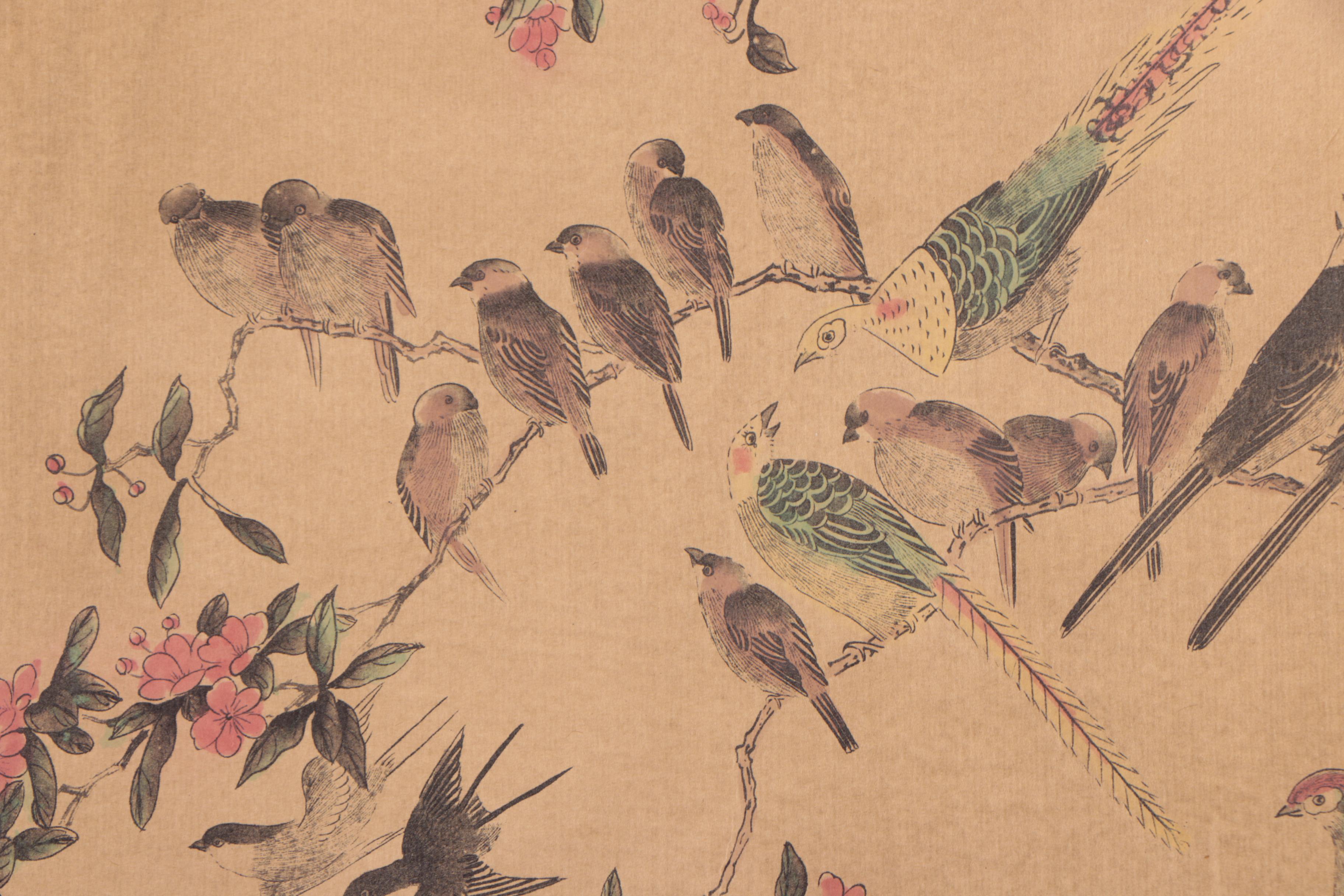 Chinese Watercolor Embellished Hanging Scroll of Bird and Floral Scene