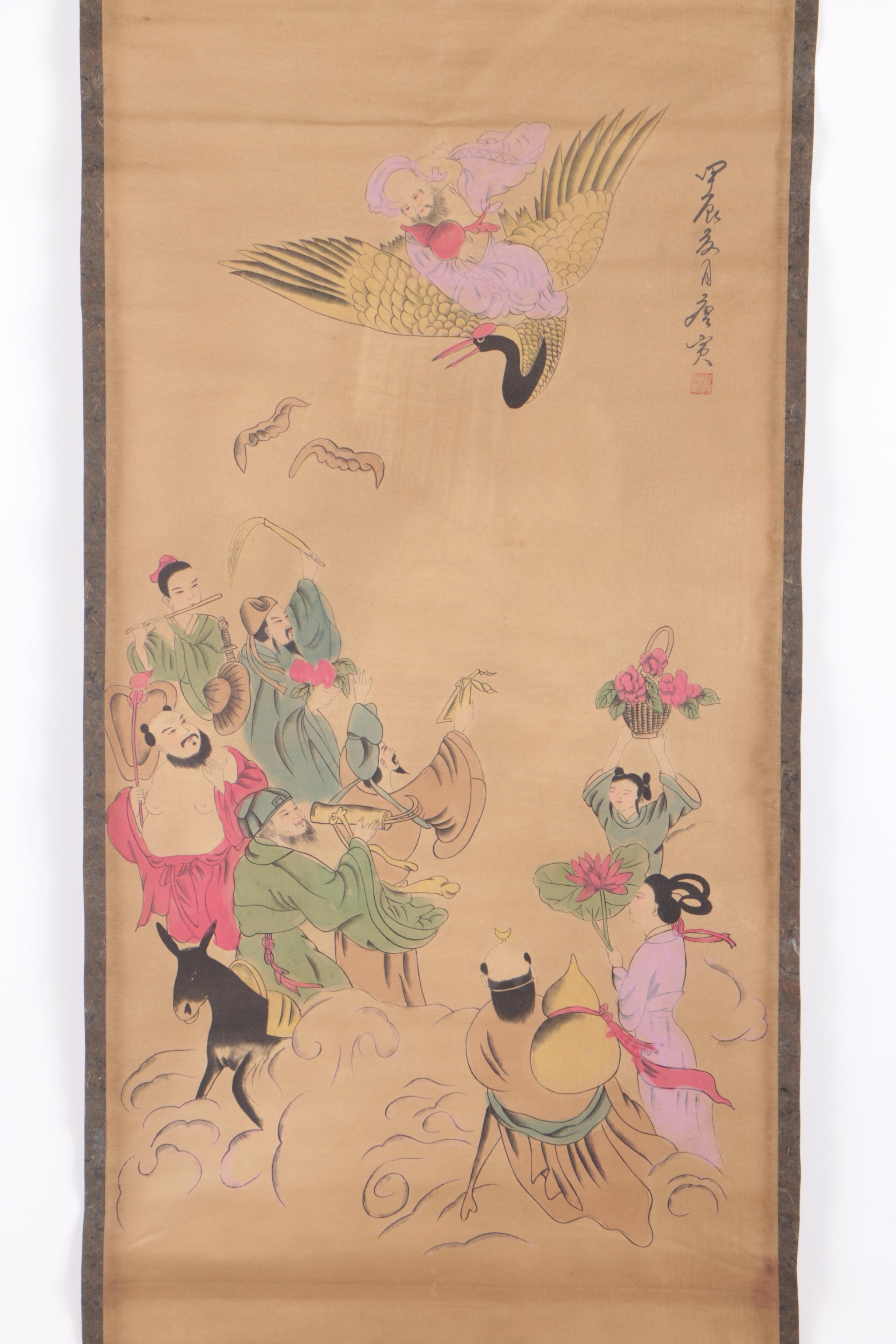 Chinese Watercolor Embellished Hanging Scroll of Figural Scene