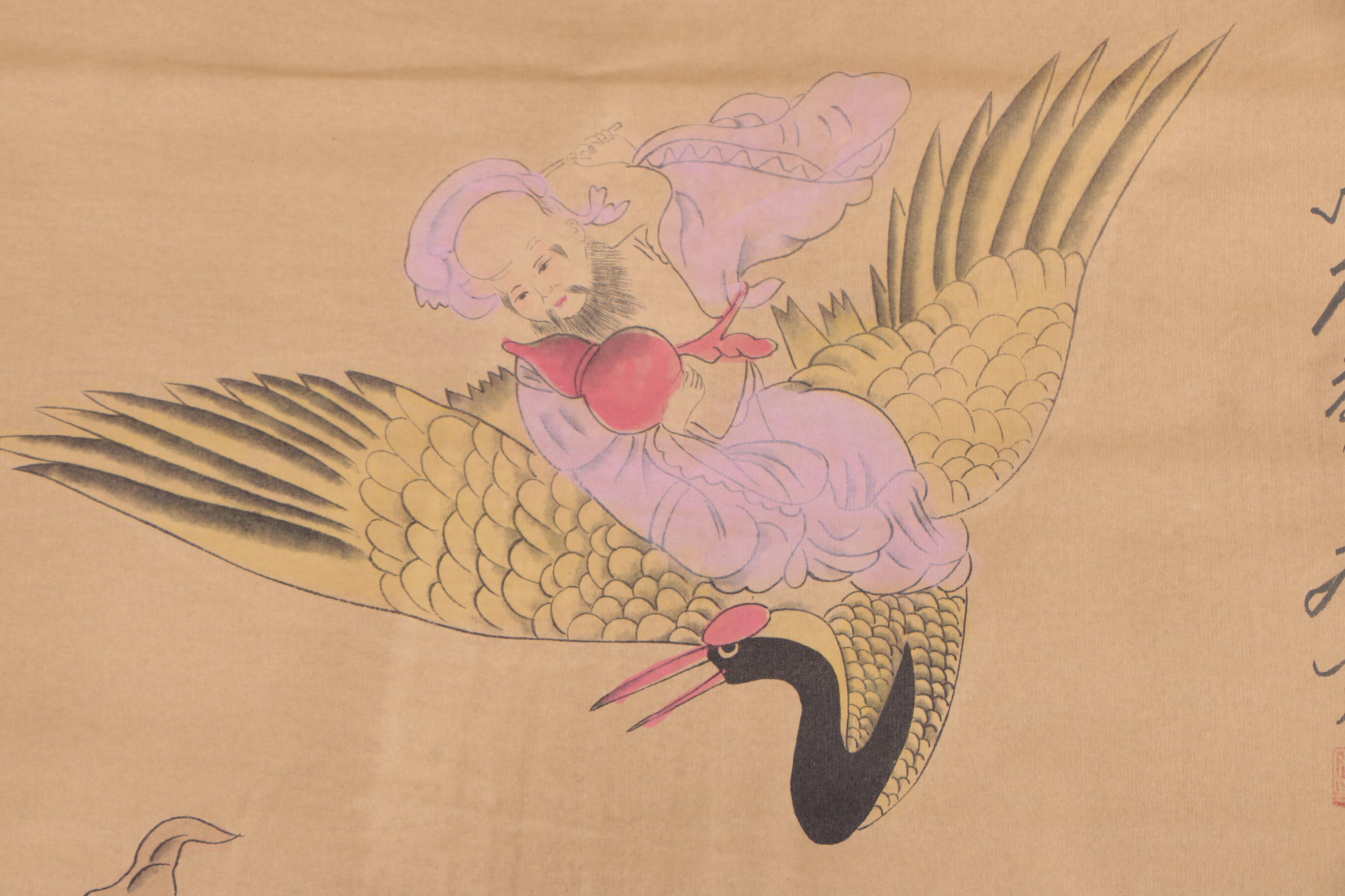 Chinese Watercolor Embellished Hanging Scroll of Figural Scene