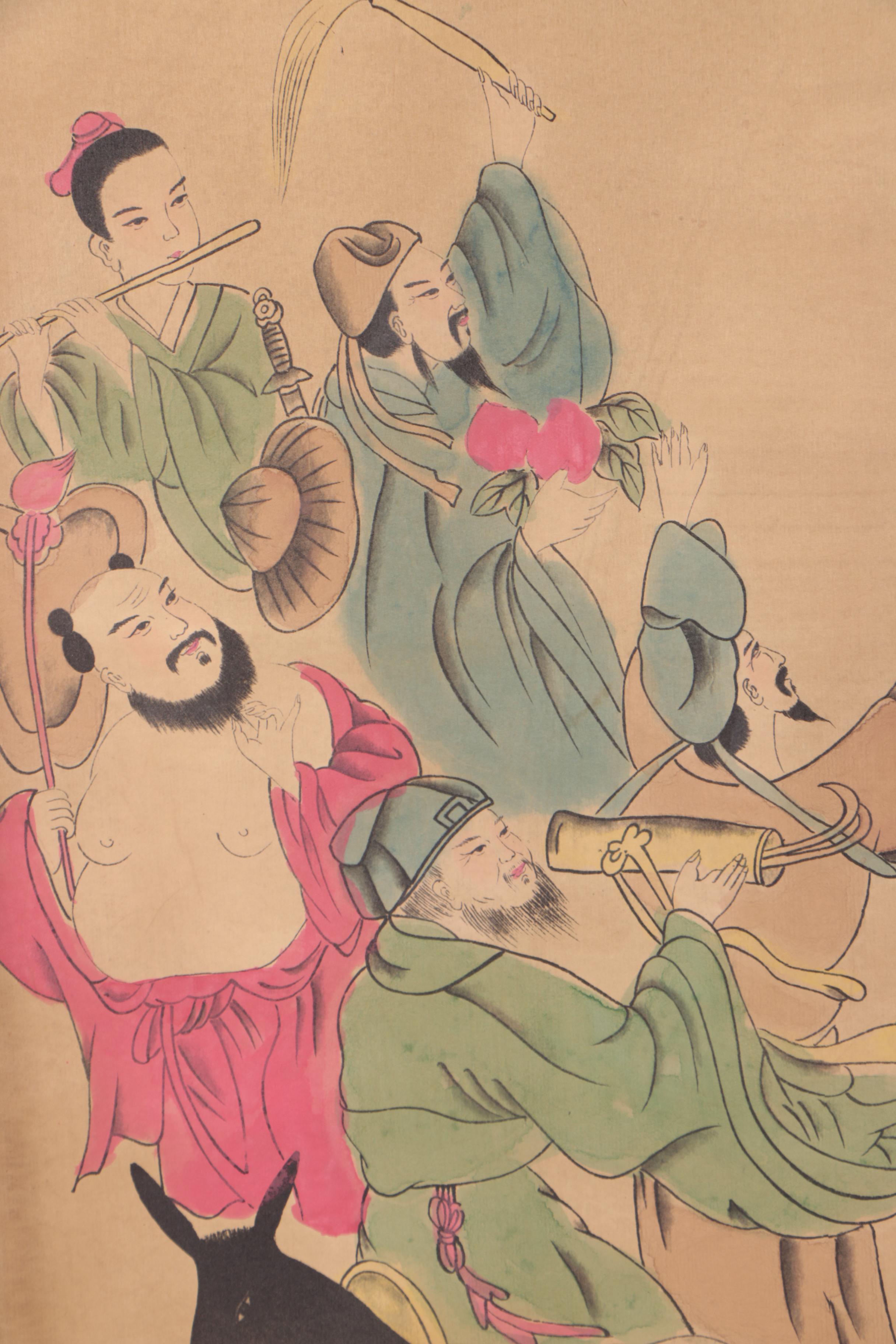 Chinese Watercolor Embellished Hanging Scroll of Figural Scene