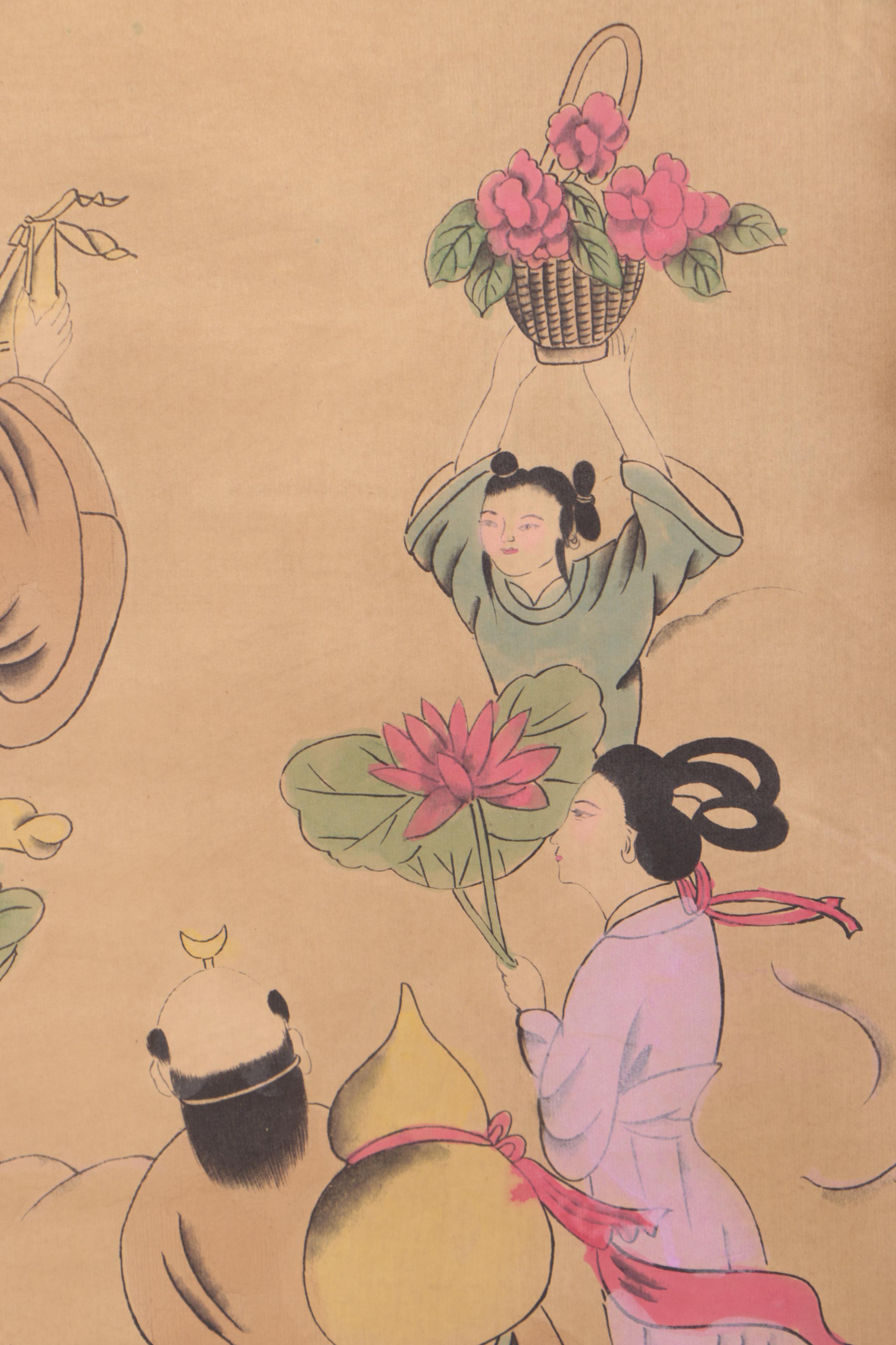 Chinese Watercolor Embellished Hanging Scroll of Figural Scene