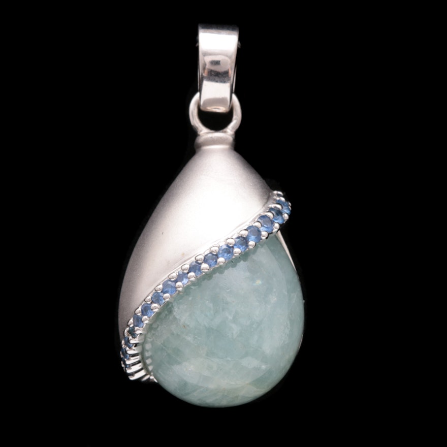 Sterling Silver, Milky Aquamarine and Blue Sapphire Pendant