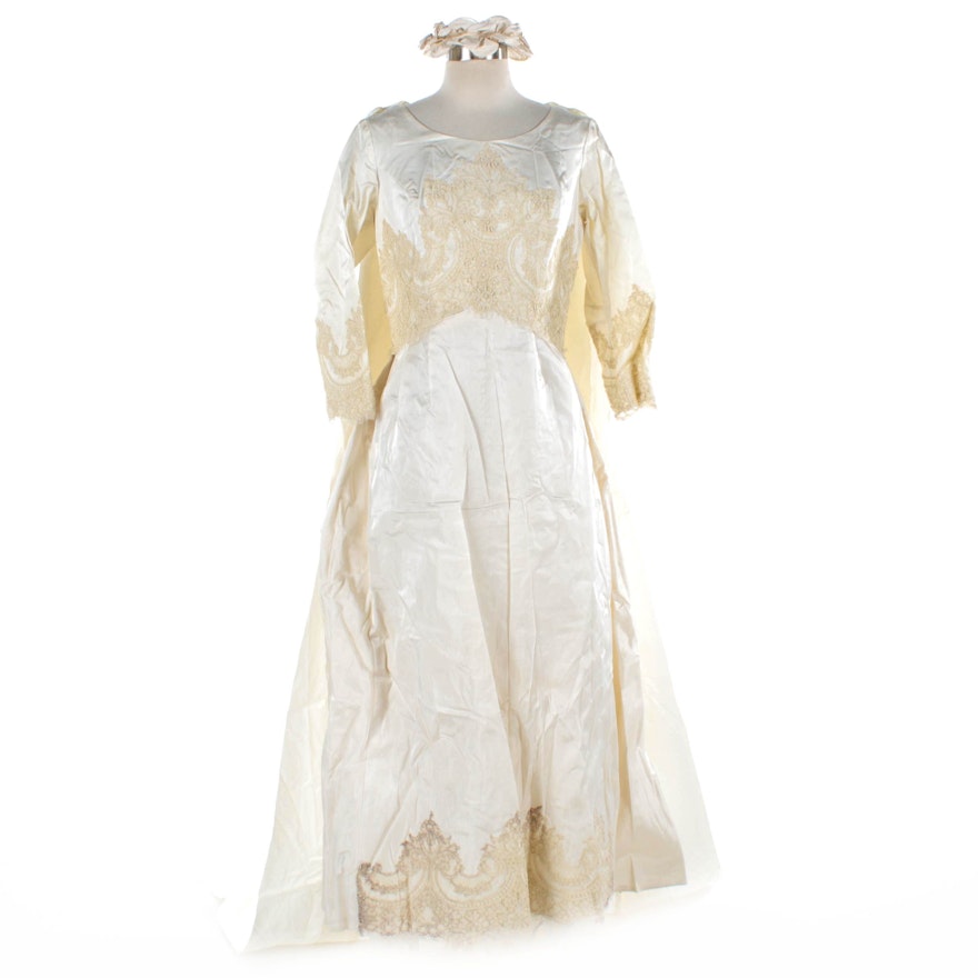 Circa 1960s Vintage Wedding Dress, Detachable Train and Headpiece