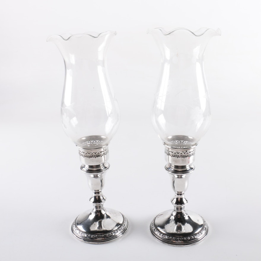 Schweitzer Silver Corp Weighted Sterling Candle Holders with Glass Hurricanes