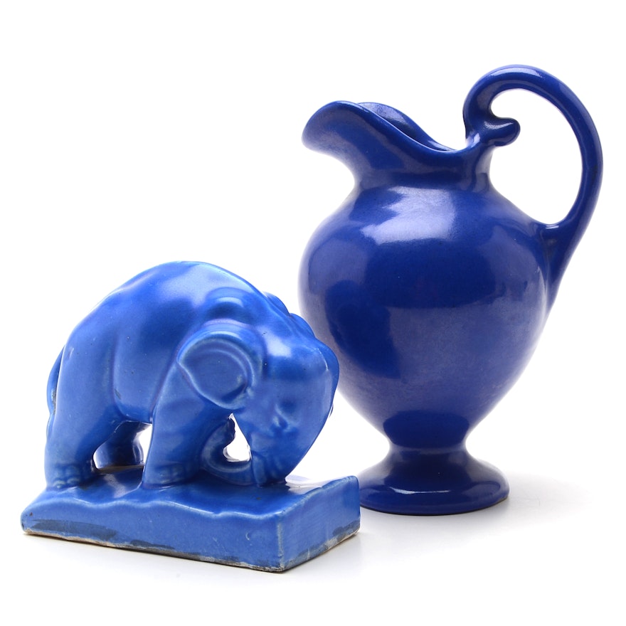 Vintage Blue Elephant and Blue Ewer Pottery