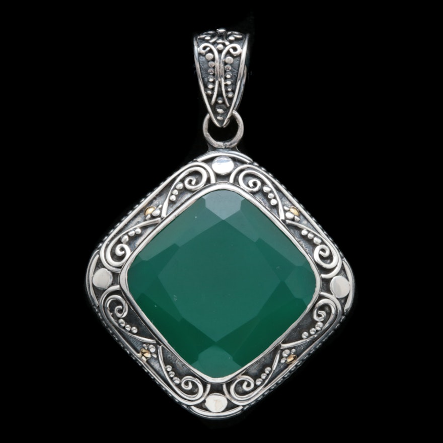 Sterling Silver, 18K Yellow Gold and Green Chalcedony Pendant