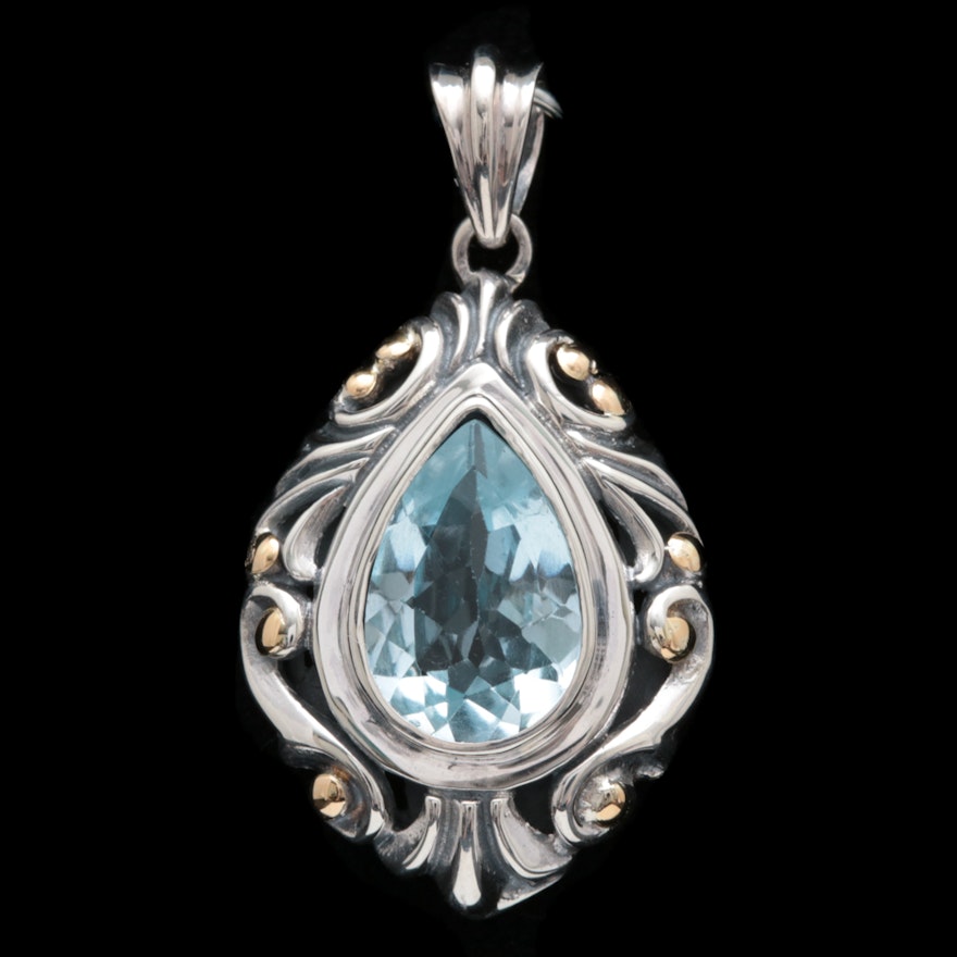 Sterling Silver, 18K Yellow Gold and Blue Topaz Pendant