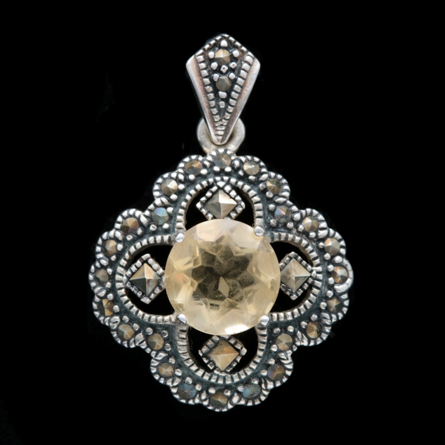 Sterling Silver, Smoky Quartz and Marcasite Pendant