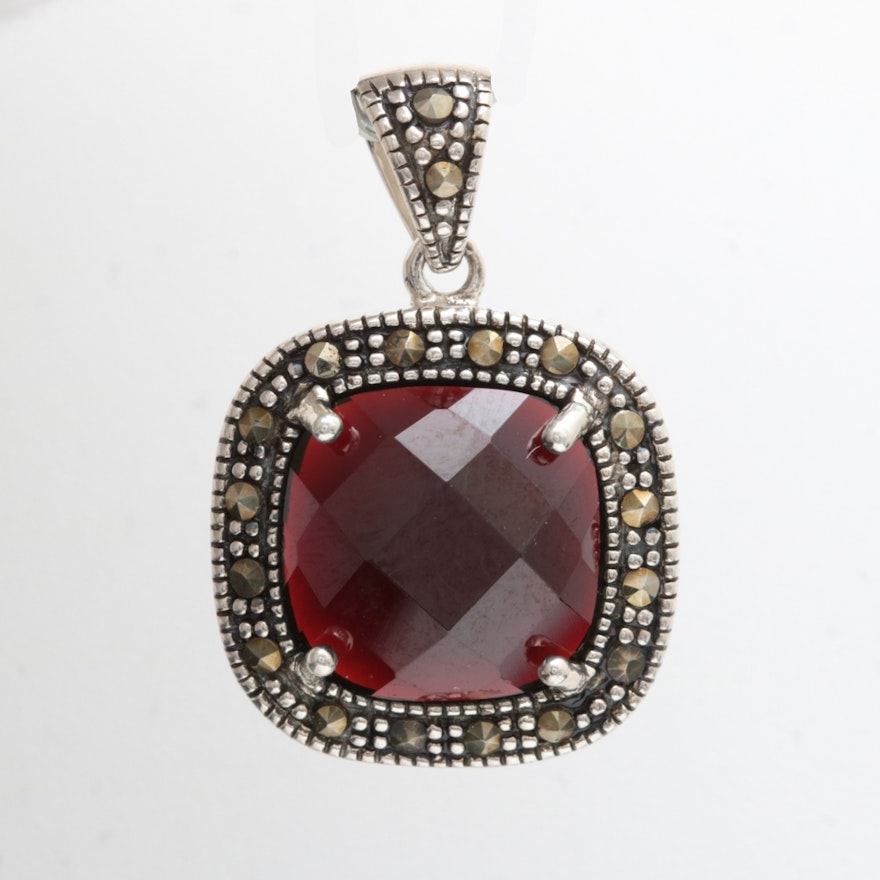 Sterling Silver, Garnet and Marcasite Pendant