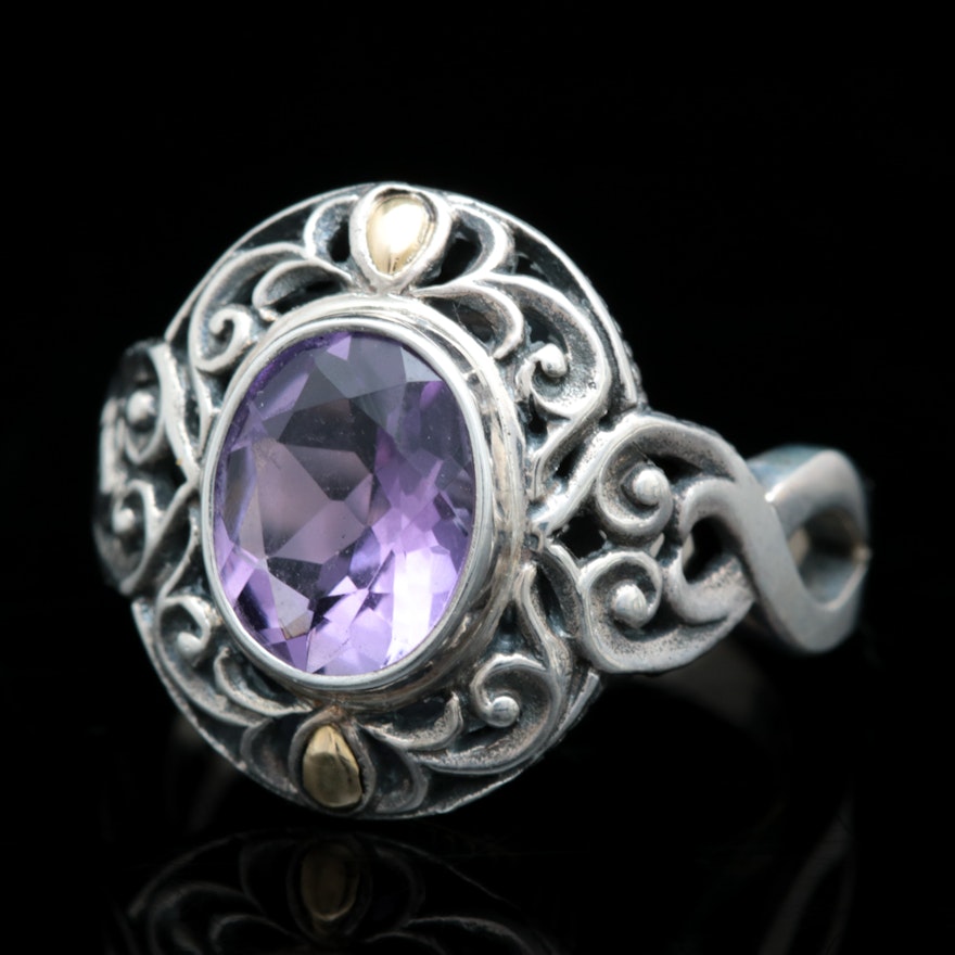 Sterling Silver, 18K Yellow Gold and Amethyst Ring