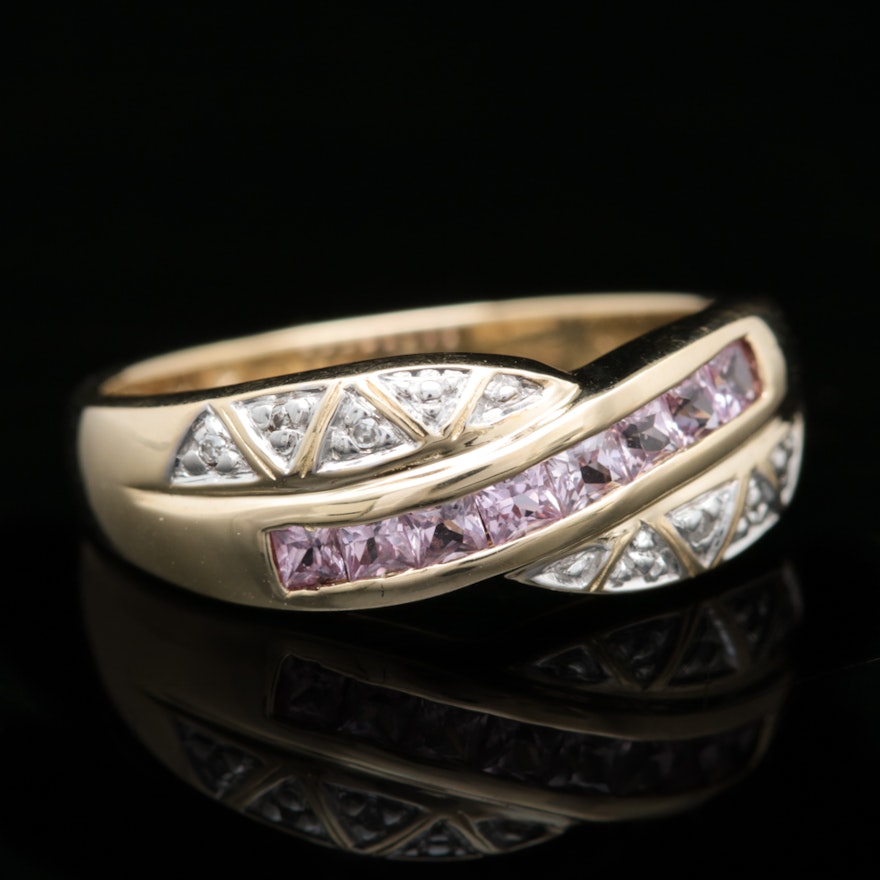 10K Yellow Gold, Pink Sapphire and Diamond Ring