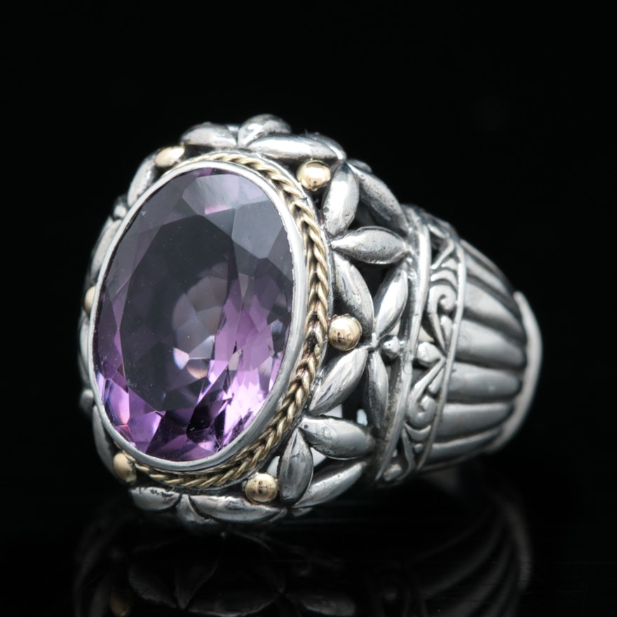 Sterling Silver, 18K Yellow Gold and Amethyst Ring