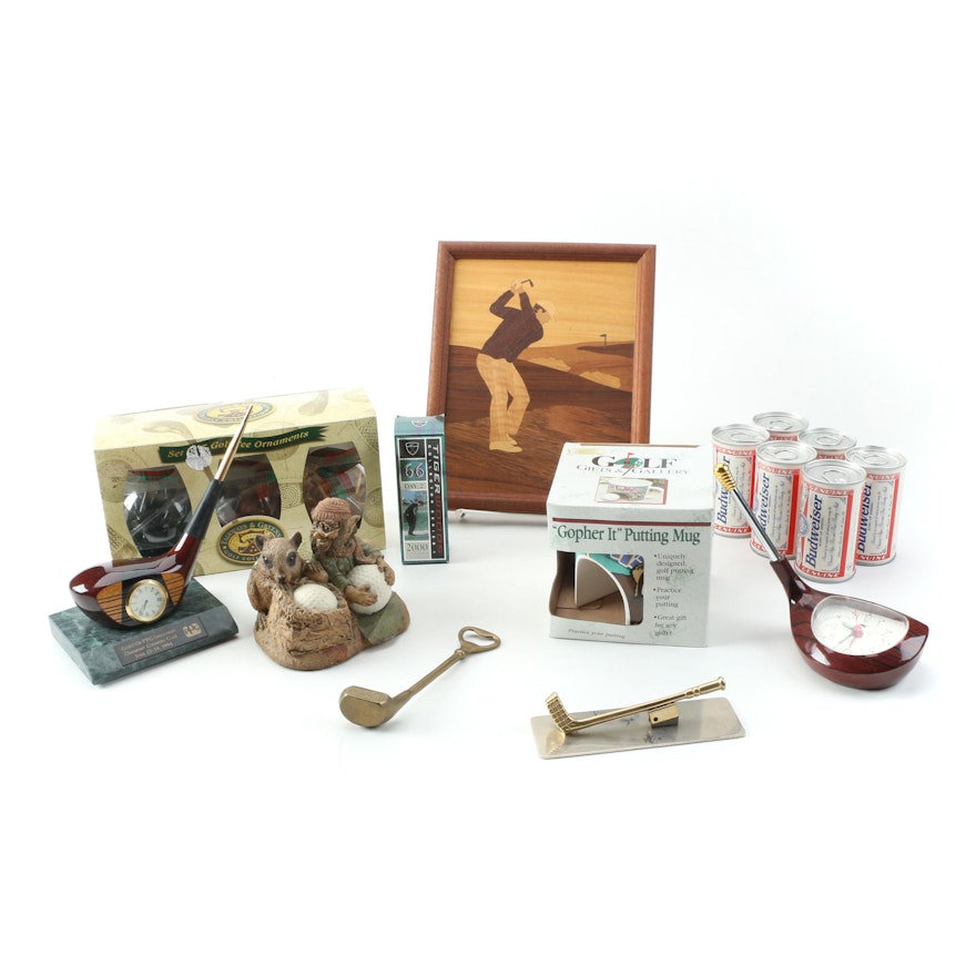 Golf Club Head Clock Paperweights, Bottle Openers, and Other Golf Collectibles