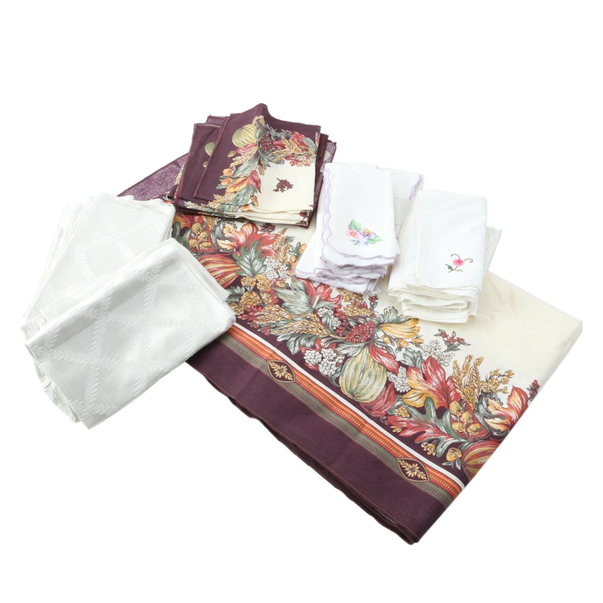 Table Linens Including Autumn Print Tablecloth Set and Embroidered Napkins