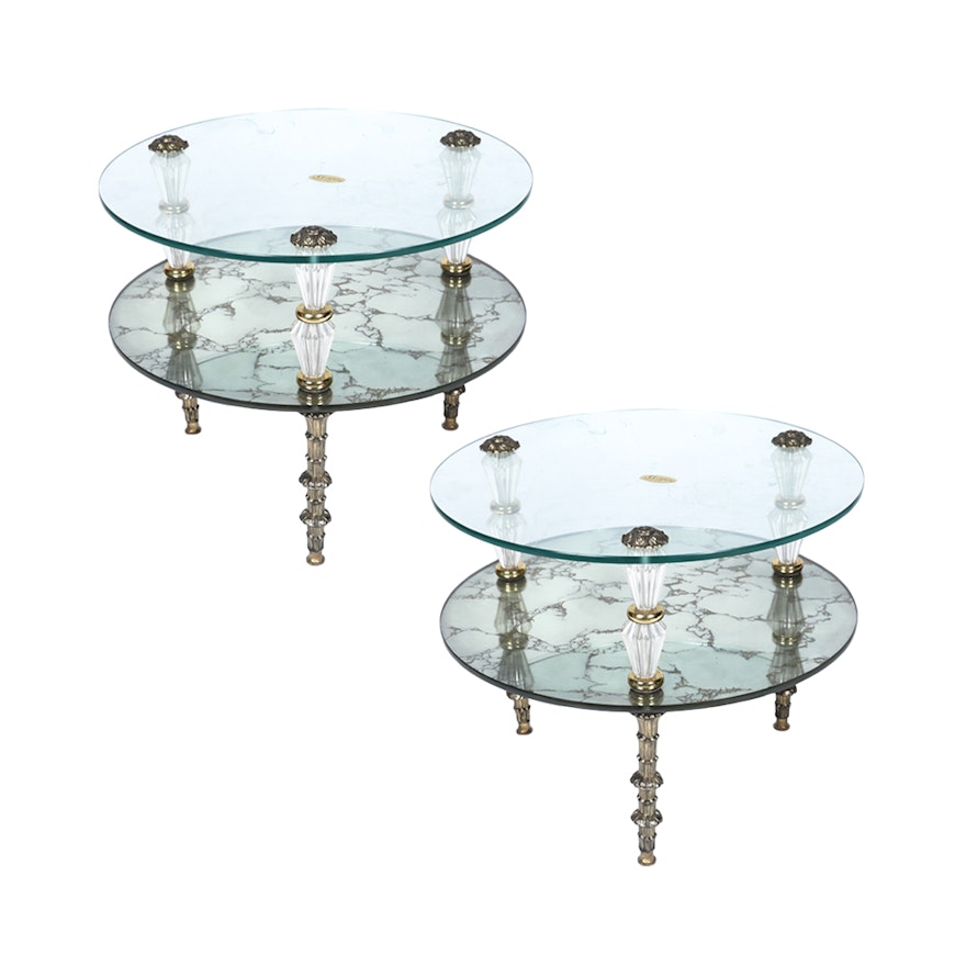 Hollywood Regency Style Glass and Mirror Side Table Pair