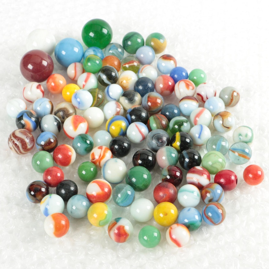 Vintage Hand Blown Glass Marbles Including Shooters