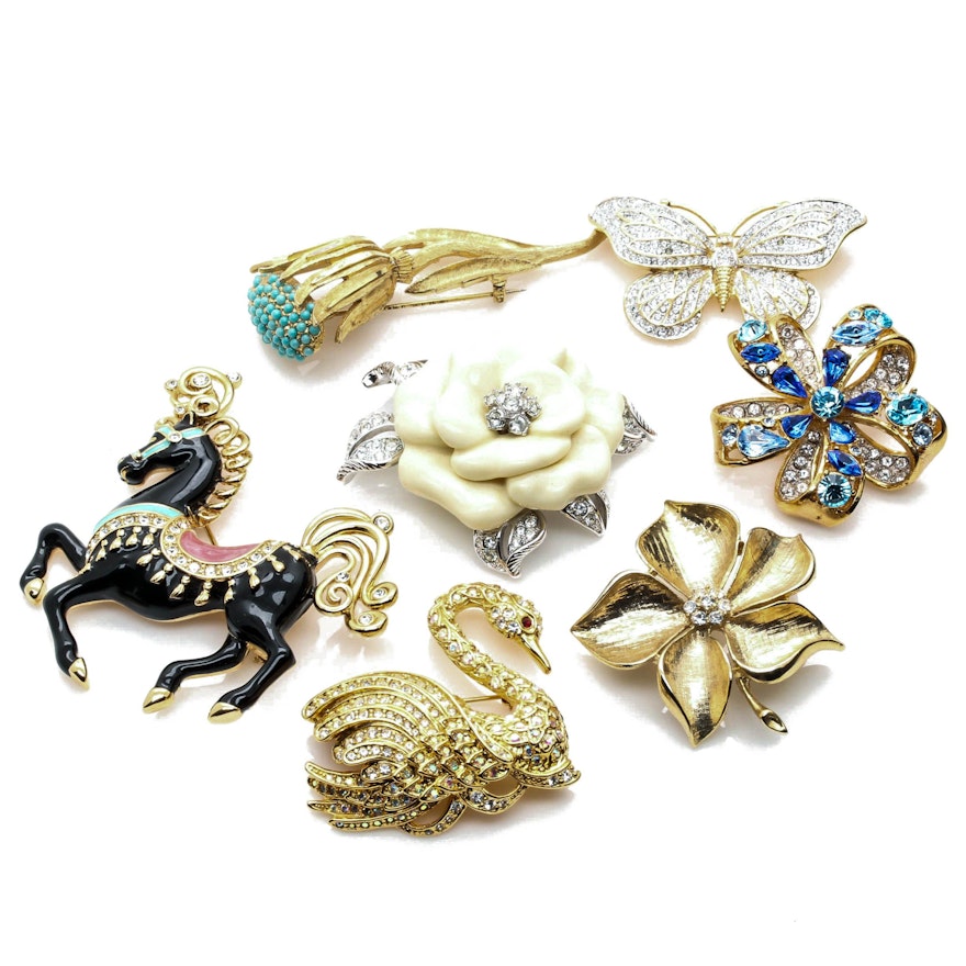 Gold Tone Glass and Enamel Brooches Including Bob Mackie and Nolan Miller