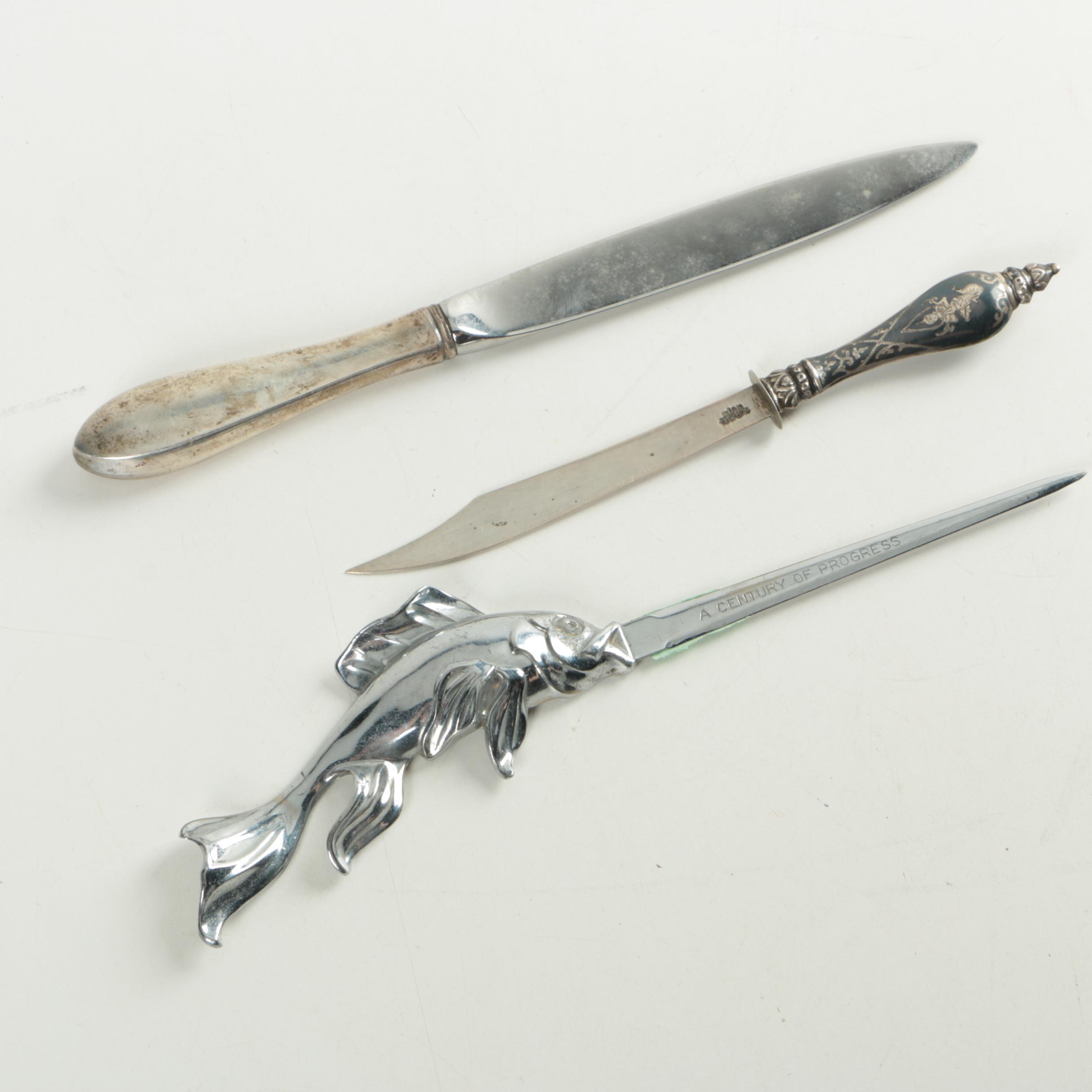 Siam Sterling Letter Opener and Assorted Sterling and Metal Letter Openers