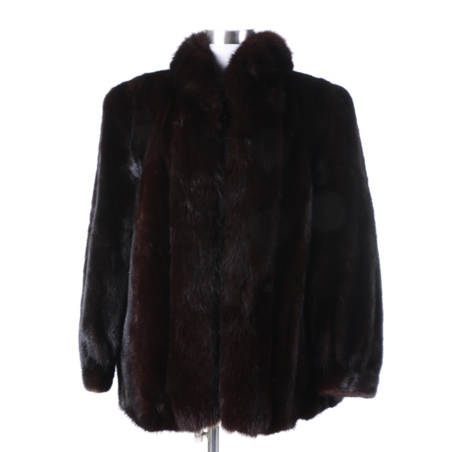 Women's Vintage Brown Mink Fur Coat with Fox Fur Trim
