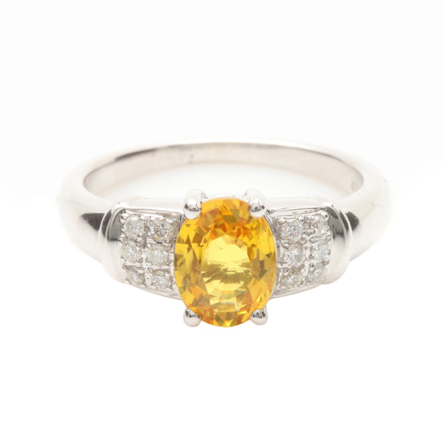 18K White Gold 1.28 CT Yellow Sapphire and Diamond Ring