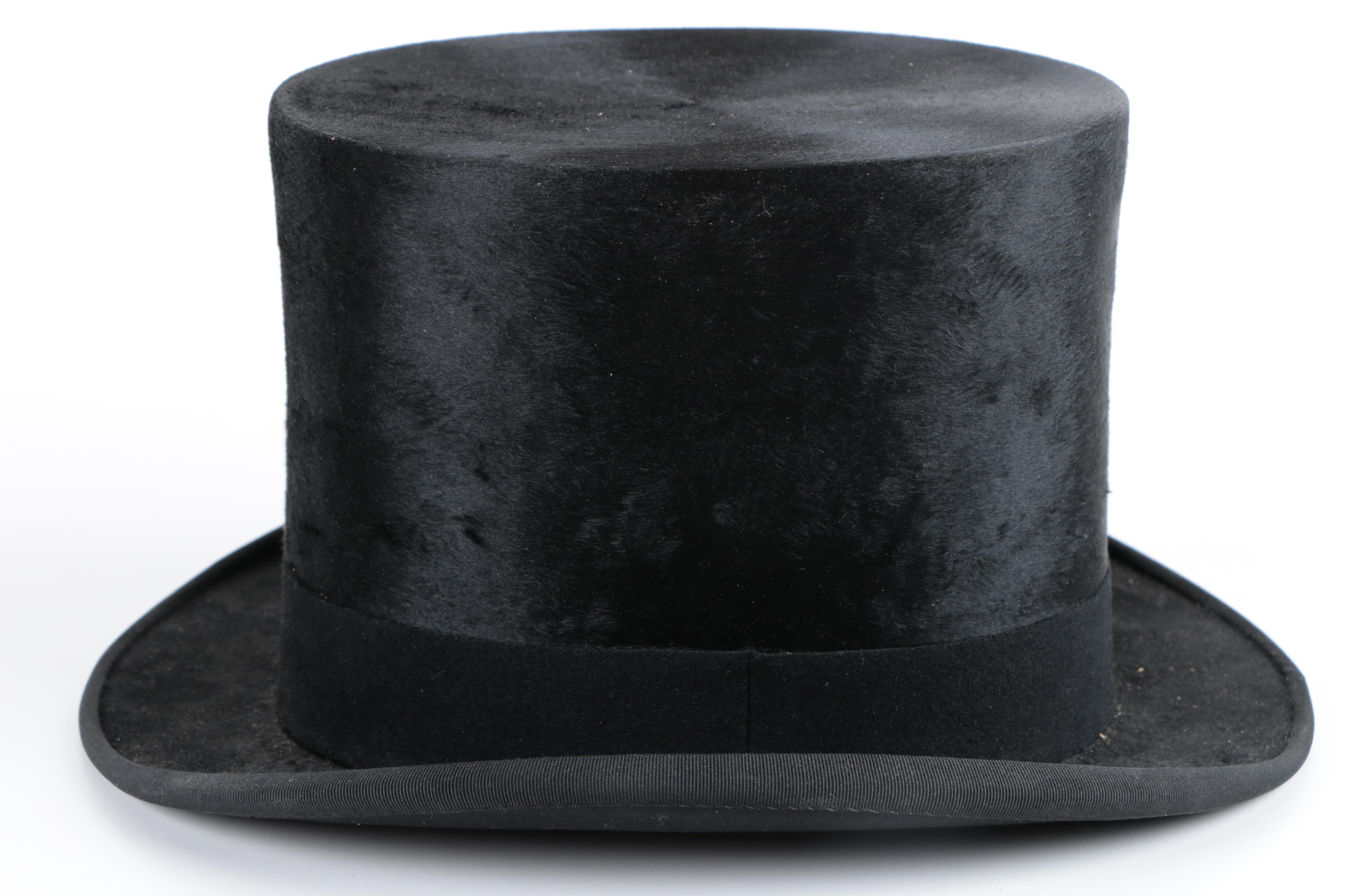Victorian Collins & Fairbanks Black Felted Beaver Fur Top Hat and Box