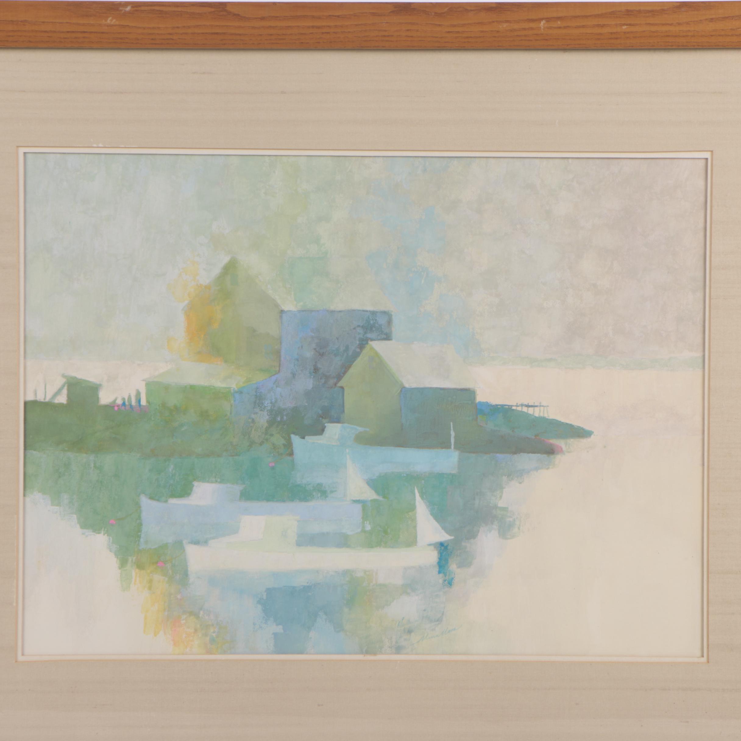 Raul Mina-Mora Gouache Painting of an Abstract Harbor