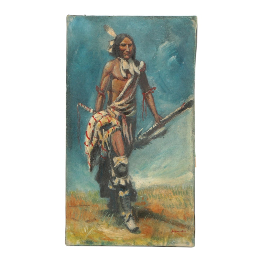 Oil Painting of a Figure in Native American Attire